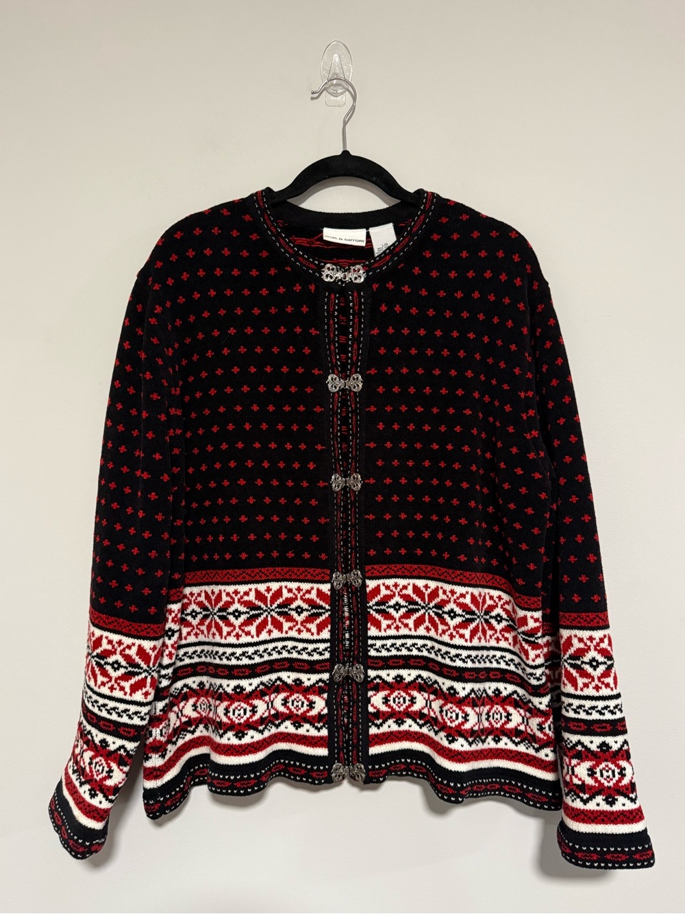 croft & barrow Black/Red Nordic Fair Isle Cardigan Size Large Holiday Ski Cozy